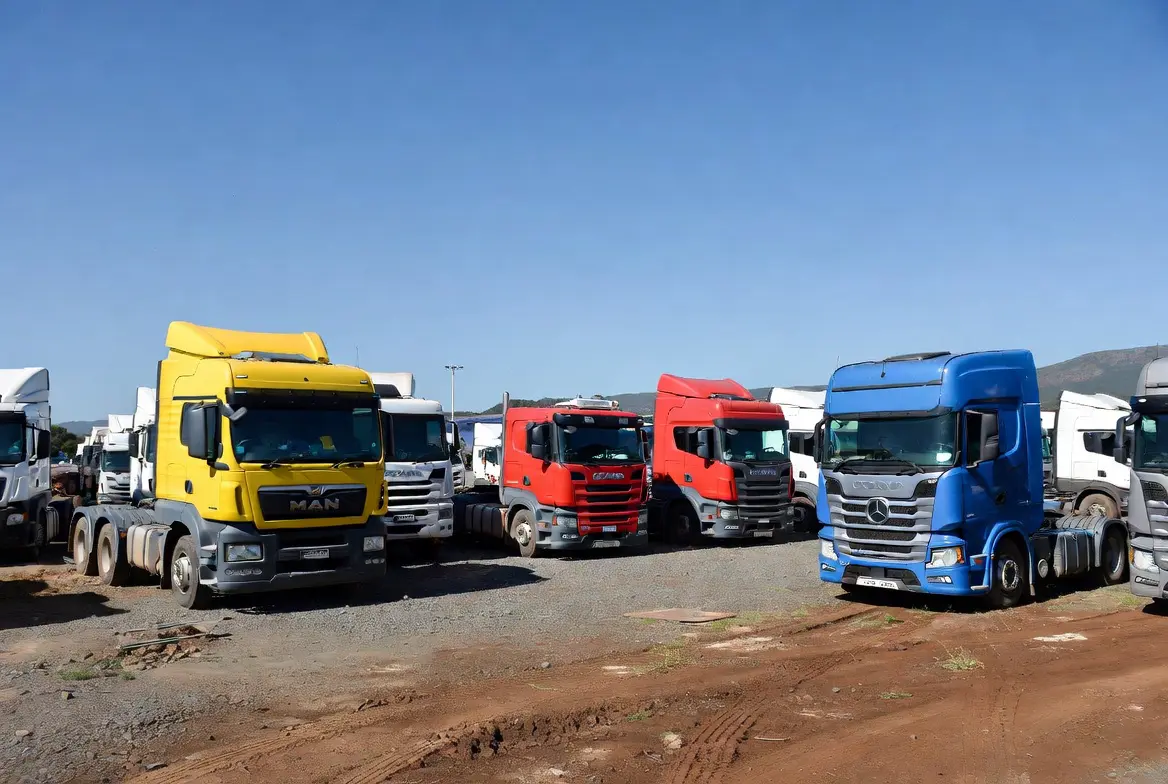 Wide view of a sunny commercial truck auction yard in South Africa with rows of heavy-duty trucks including yellow MAN, red Scania and blue Mercedes trucks available through Commercial Truck Auctioneers