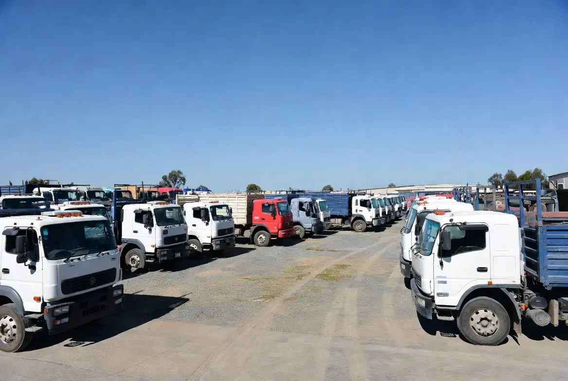 Large selection of commercial trucks lined up in a sunny South African auction yard operated by Commercial Truck Auctioneers offering affordable fleet solutions for buyers and sellers