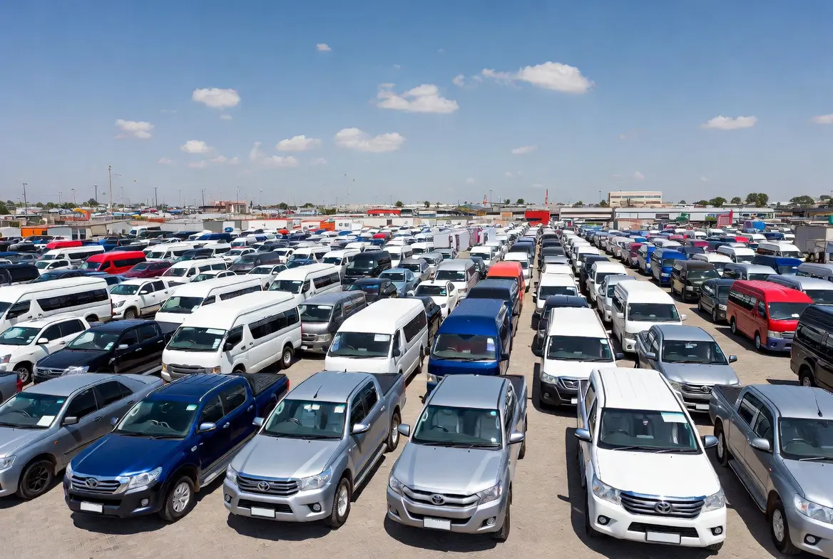 Large repossessed vehicle auction yard in South Africa filled with Toyota Hilux bakkies, Quantum vans, cars and commercial vehicles at repossessed vehicle auctions