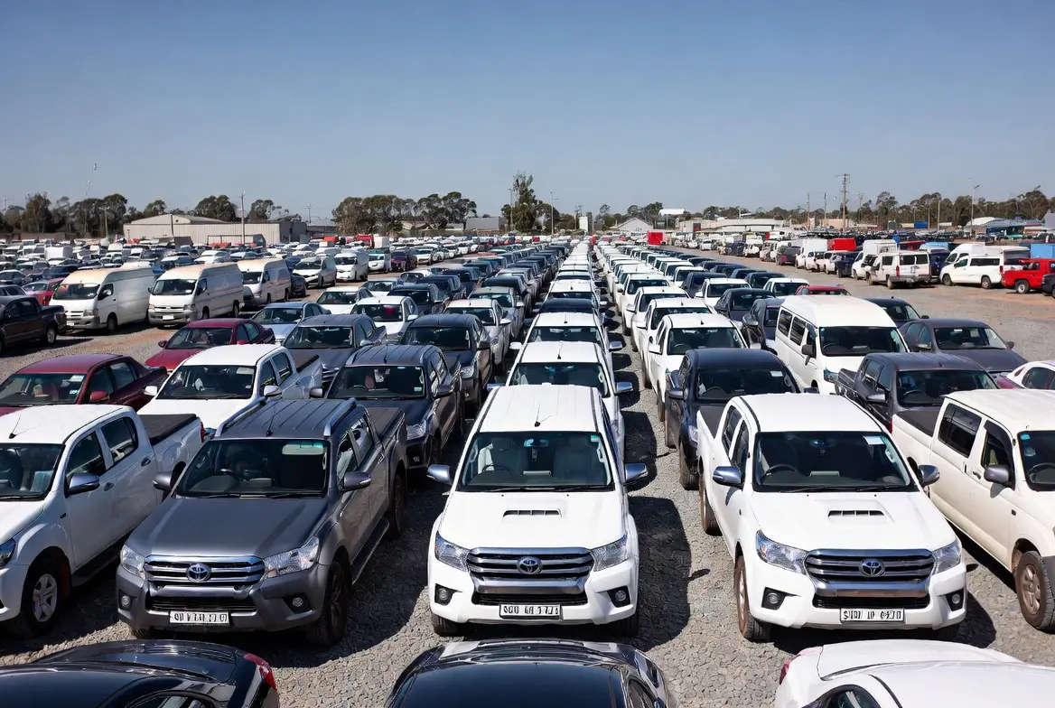 Large repossessed vehicle auction yard in South Africa filled with Toyota Hilux bakkies, Quantum vans, cars and commercial vehicles at repossessed vehicle auctions